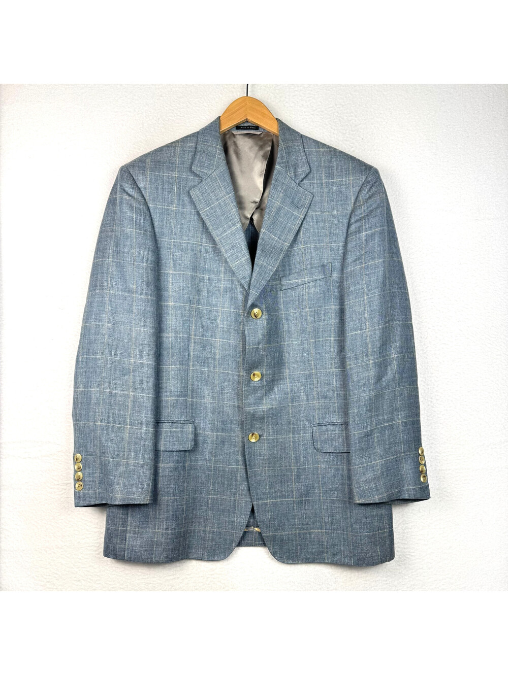 Ibiza Samba Silk Linen Wool Blend Blue Window Pane Unlined Coat Blazer Size 42R